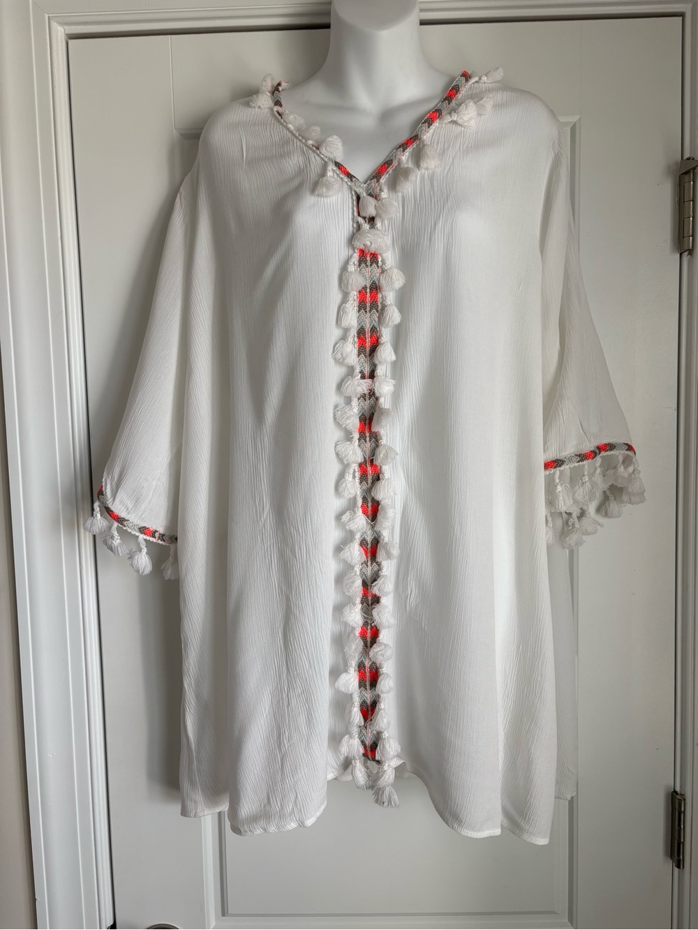 Blue Island White Tassel Trim V-Neck bathing suit cover up with Coral Accent